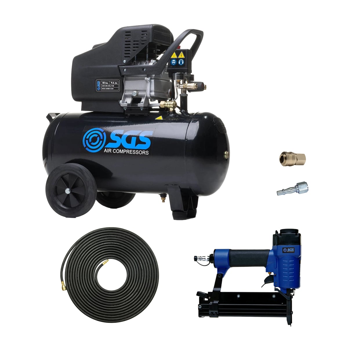SGS 50 Litre Direct Drive Air Compressor With Air Nailer & 15m Hose – 9.6CFM 2.5HP 50L